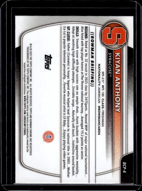2025-26 Bowman #BCP-4 Kiyan Anthony Chrome Prospects