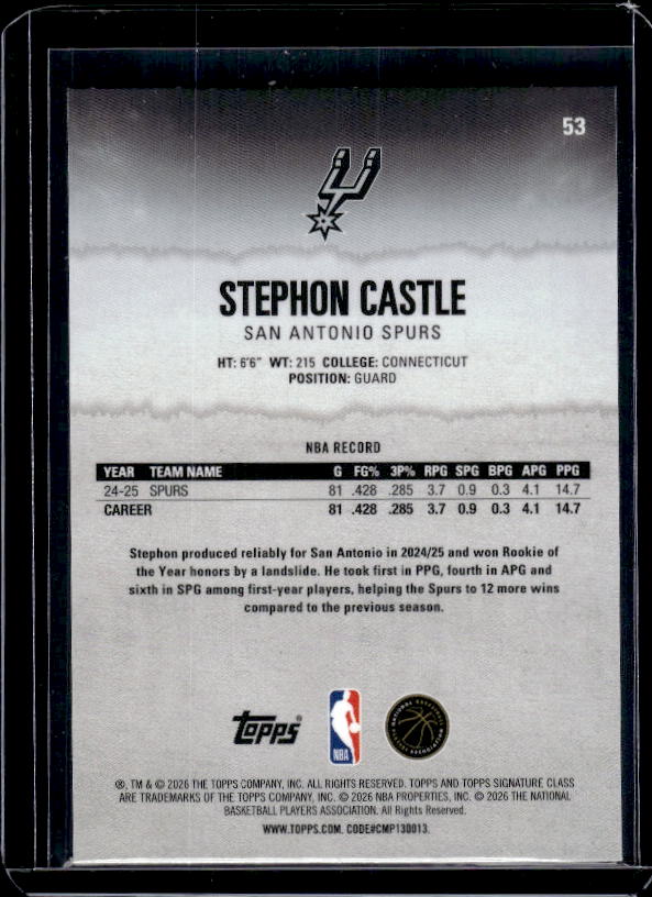 2025-26 Topps Signature Class #53 Stephon Castle Chrome