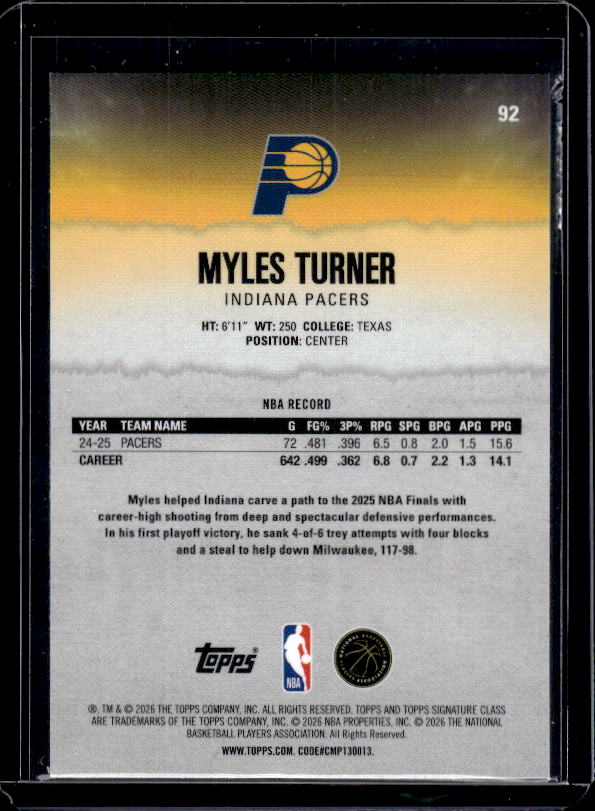 2025-26 Topps Signature Class #92 Myles Turner Chrome