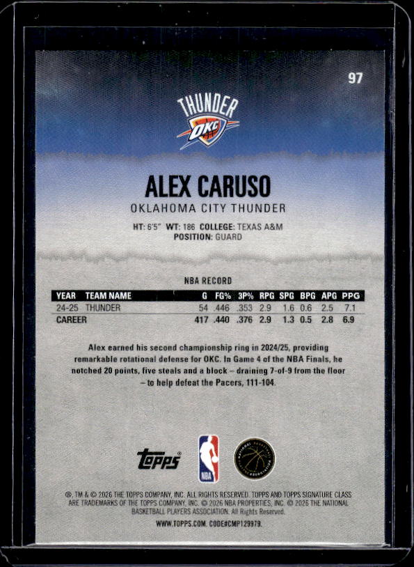 2025-26 Topps Signature Class #97 Alex Caruso Blue & Orange