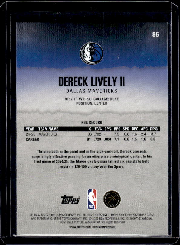2025-26 Topps Signature Class #86 Dereck Lively II Bronze