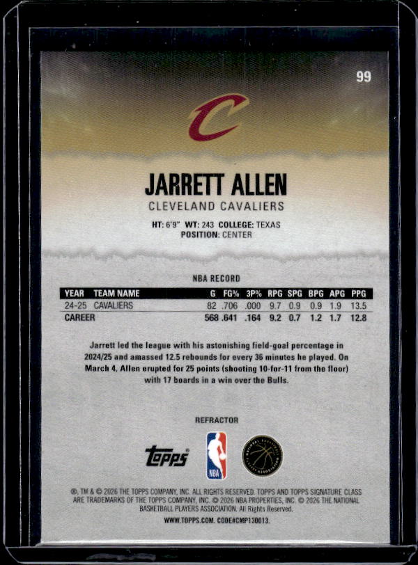 2025-26 Topps Signature Class #99 Jarrett Allen Chrome