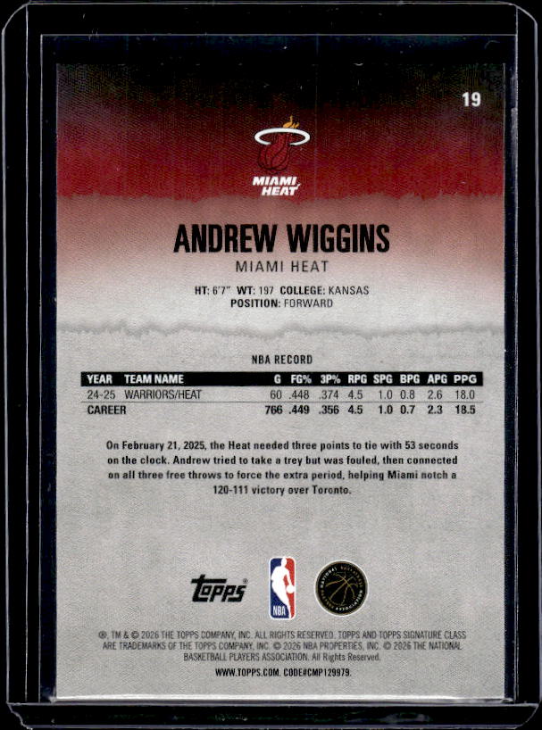 2025-26 Topps Signature Class #19 Andrew Wiggins Blue & Orange
