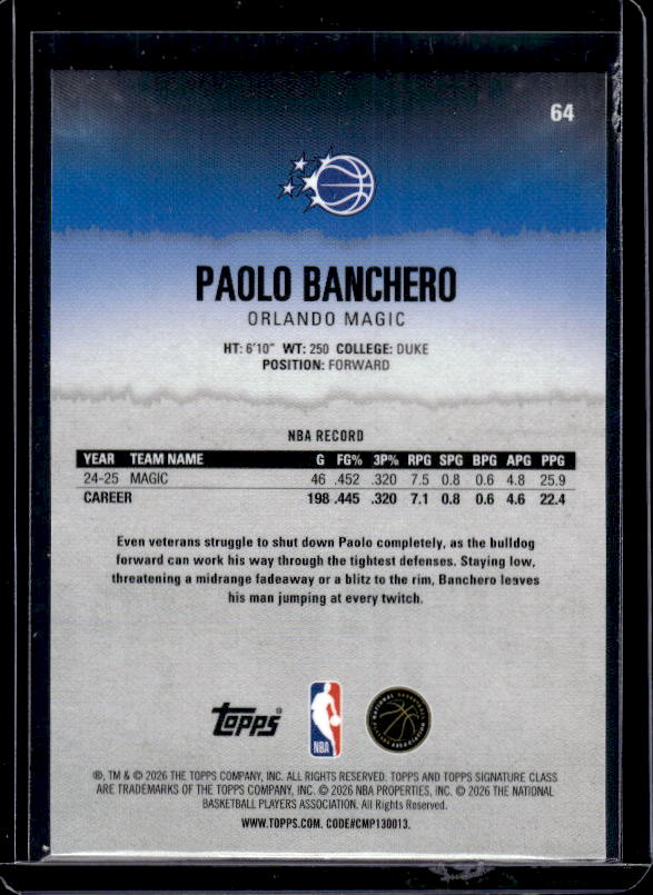 2025-26 Topps Signature Class #64 Paolo Banchero Chrome