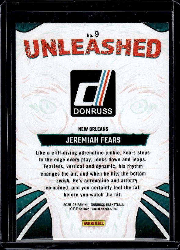 2025-26 Donruss Basketball #9 Jeremiah Fears Unleashed Green Lazer