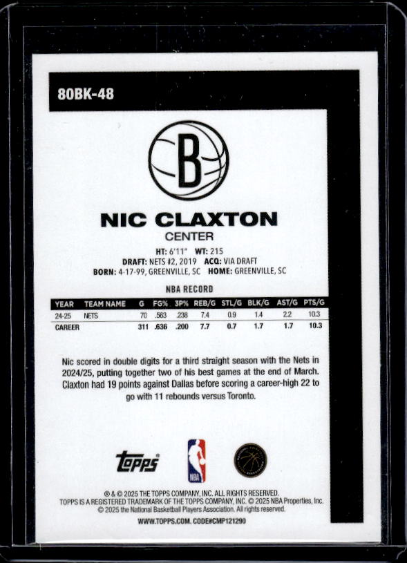 2025-26 Topps #80BK-48 Nic Claxton 1980-81 Topps Basketball