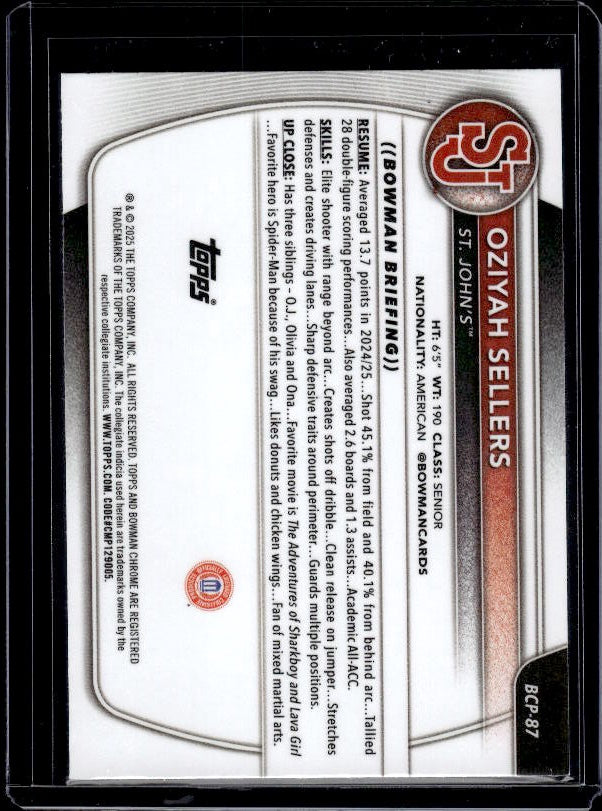 2025-26 Bowman #BCP-87 Oziyah Sellers Chrome Prospects Mojo Refractor