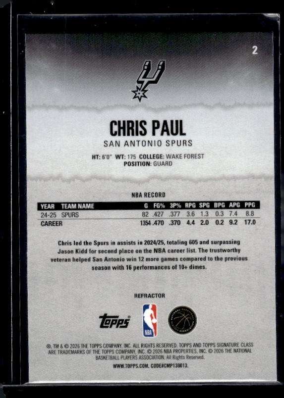 2025-26 Topps Signature Class #2 Chris Paul Chrome Refractors