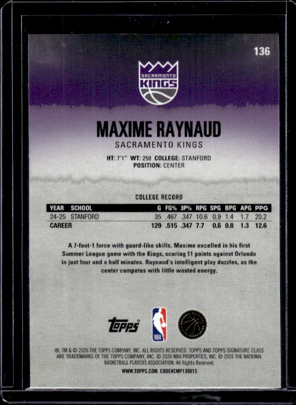 2025-26 Topps Signature Class #136 Maxime Raynaud Chrome Pandora Refractors