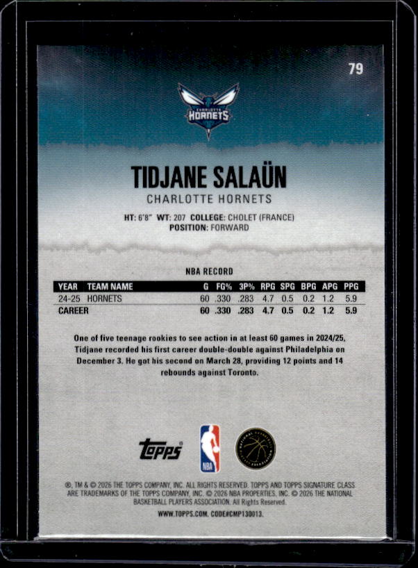 2025-26 Topps Signature Class #79 Tidjane Salaün Chrome