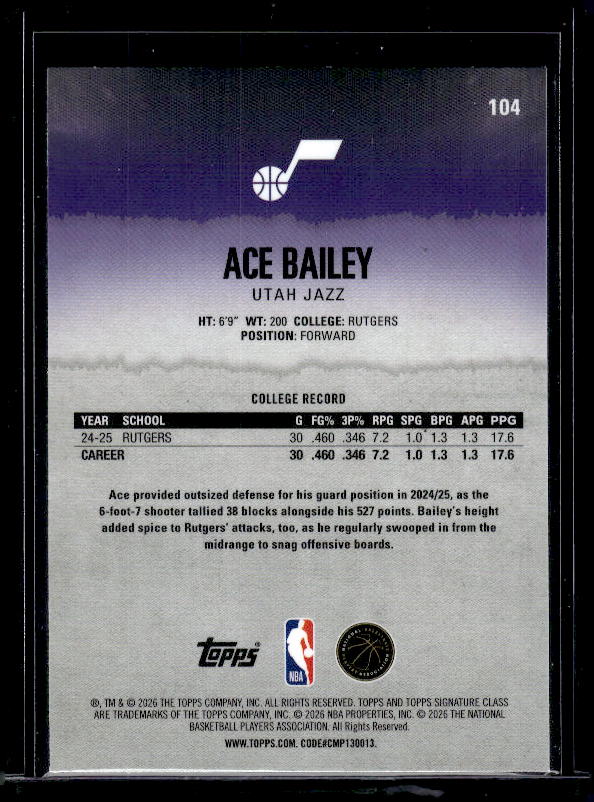 2025-26 Topps Signature Class #104 Ace Bailey Chrome