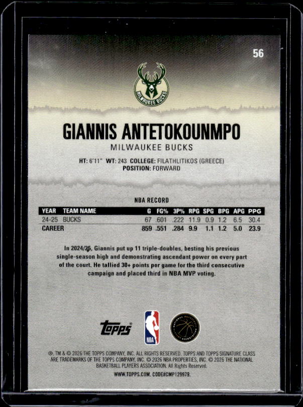 2025-26 Topps Signature Class #56 Giannis Antetokounmpo Blue & Orange