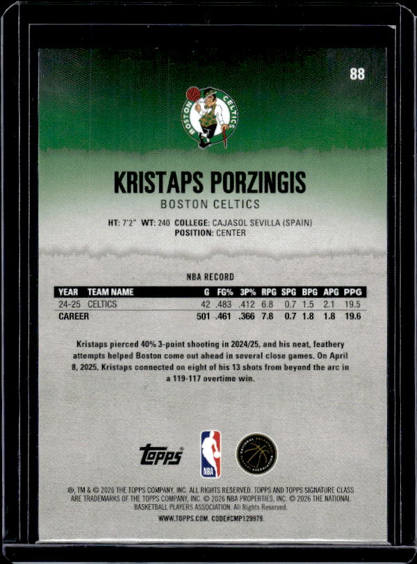 2025-26 Topps Signature Class #88 Kristaps Porzingis Blue & Orange