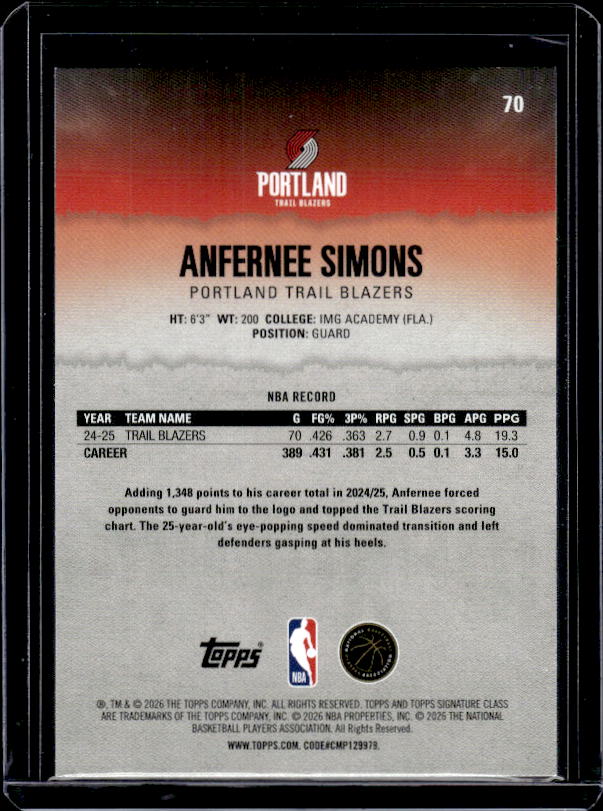 2025-26 Topps Signature Class #70 Anfernee Simons Blue & Orange