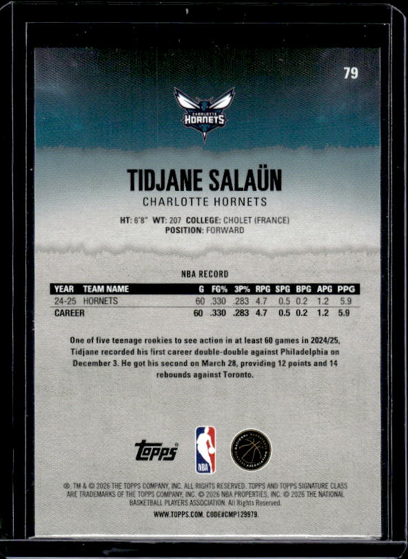 2025-26 Topps Signature Class #79 Tidjane Salaün Blue & Orange