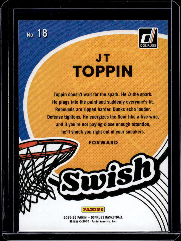 2025-26 Donruss #18 JT Toppin Swish Holo Green Laser