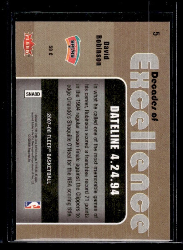2007-08 Fleer #5 David Robinson Decades of Excellence