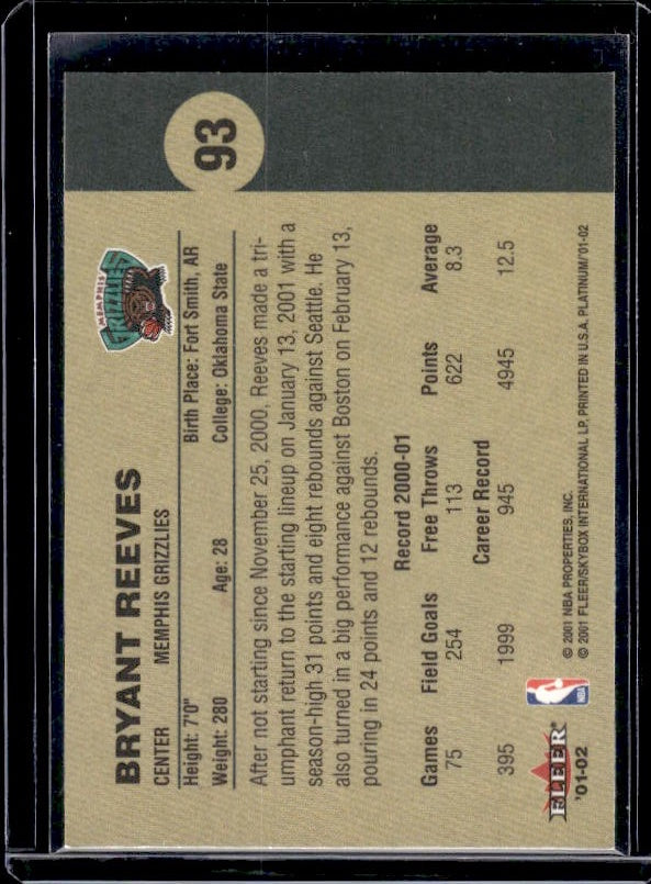 2001-02 Fleer Platinum #93 Bryant Reeves