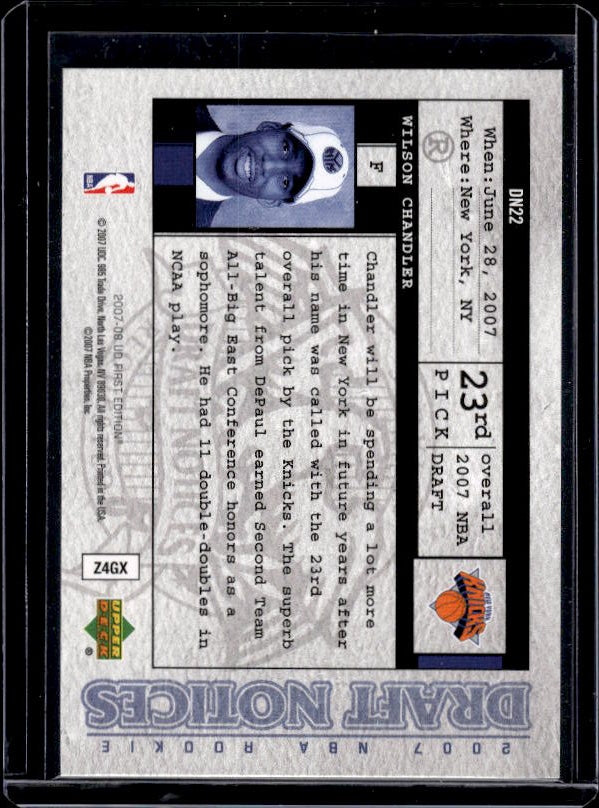 2007-08 Upper Deck First Edition #DN22 Wilson Chandler Draft Notices