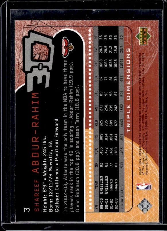 2003-04 Upper Deck Triple Dimensions #3 Shareef Abdur-Rahim