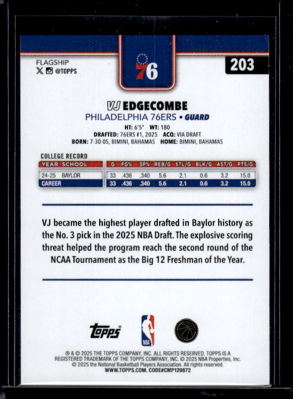2025-26 Topps #203 VJ Edgecombe