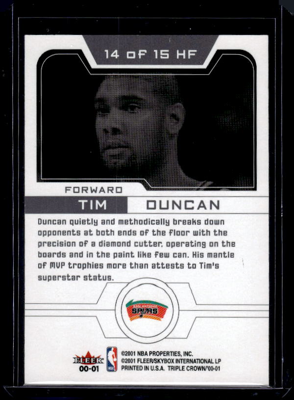 2000-01 Fleer Triple Crown #14 HF Tim Duncan Heir Force 01