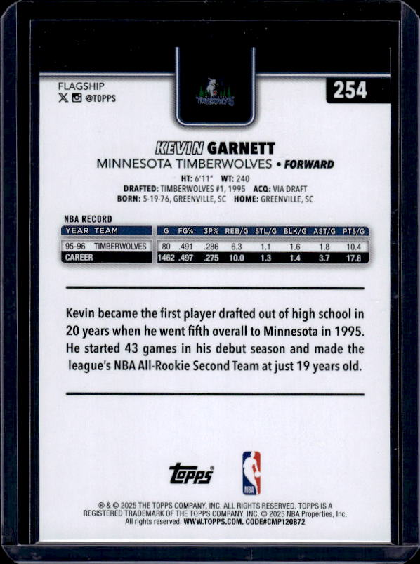 2025-26 Topps #254 Kevin Garnett Rainbow Foilboard