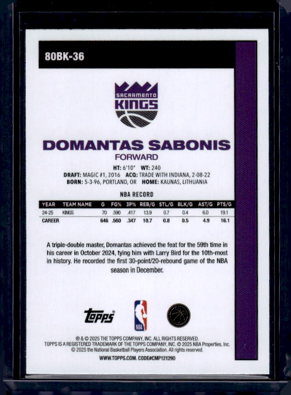 2025-26 Topps #80BK-36 Domantas Sabonis 1980-81 Topps Basketball