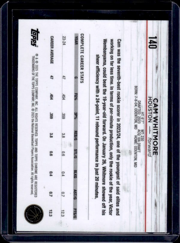 2024-25 Topps Chrome #140 Cam Whitmore Prism Refractor