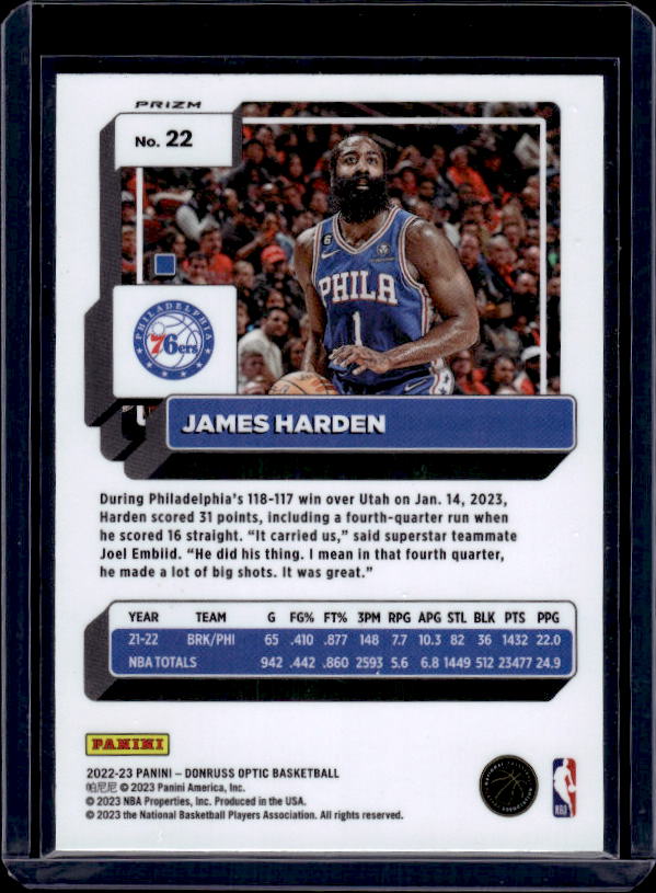 2022-23 Donruss Optic #22 James Harden Purple Shock