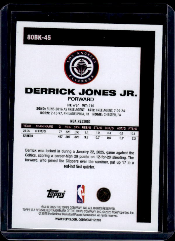 2025-26 Topps #80BK-45 Derrick Jones Jr. 1980-81 Topps Basketball