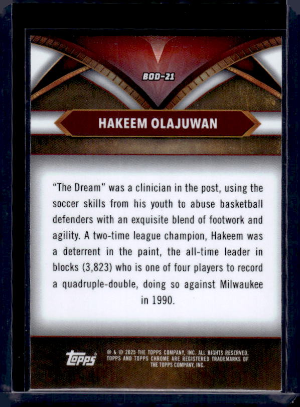 2024-25 Topps Chrome #BOD-21 Hakeem Olajuwon Ball of Duty Blue Refractor