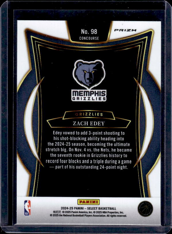 2024-25 Panini Select #98 Zach Edey Orange Flash Prizm