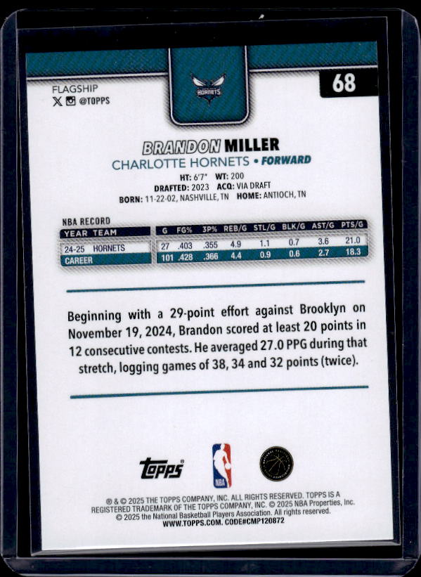 2025-26 Topps #68 Brandon Miller Holo Foil