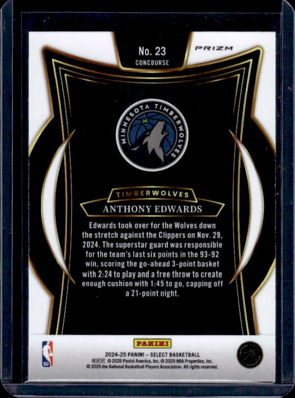2024-25 Panini Select #23 Anthony Edwards Blue Prizm