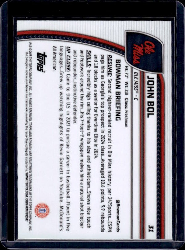 2024-25 Bowman University Chrome #31 John Bol Purple Lava Refractor