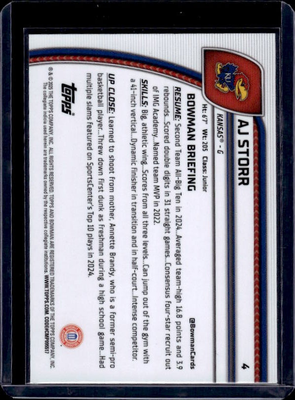 2024-25 Bowman University Chrome #4 AJ Storr Green Shimmer Refractor