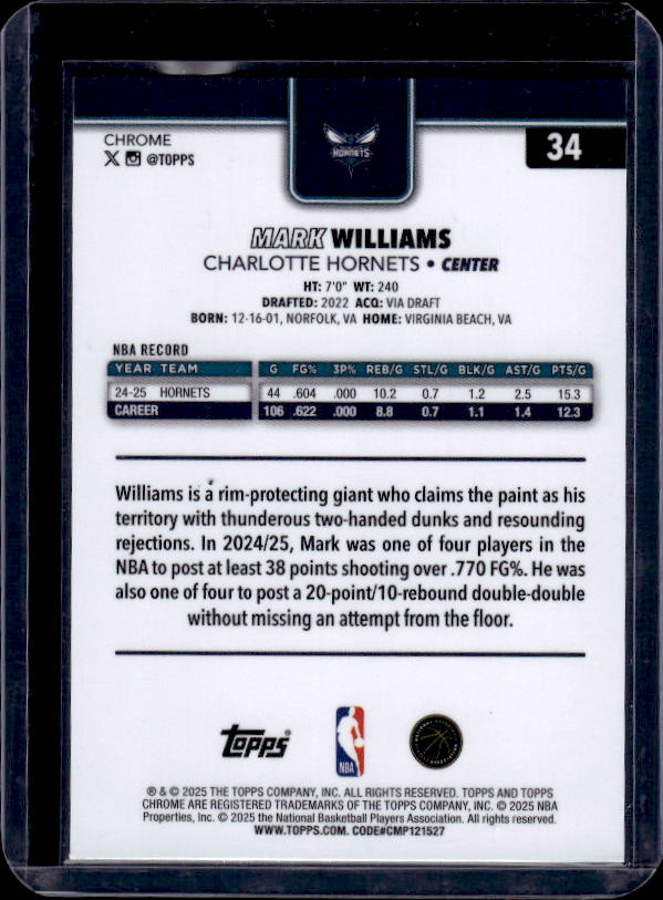 2025-26 Topps Chrome #34 Mark Williams Red White and Blue Refractor