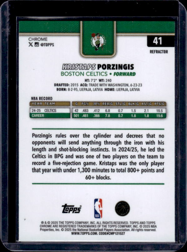2025-26 Topps Chrome #41 Kristaps Porzingis Refractor