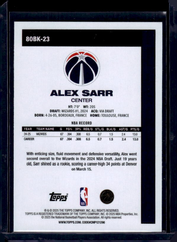 2025-26 Topps #80BK-23 Alex Sarr 1980-81 Topps Basketball