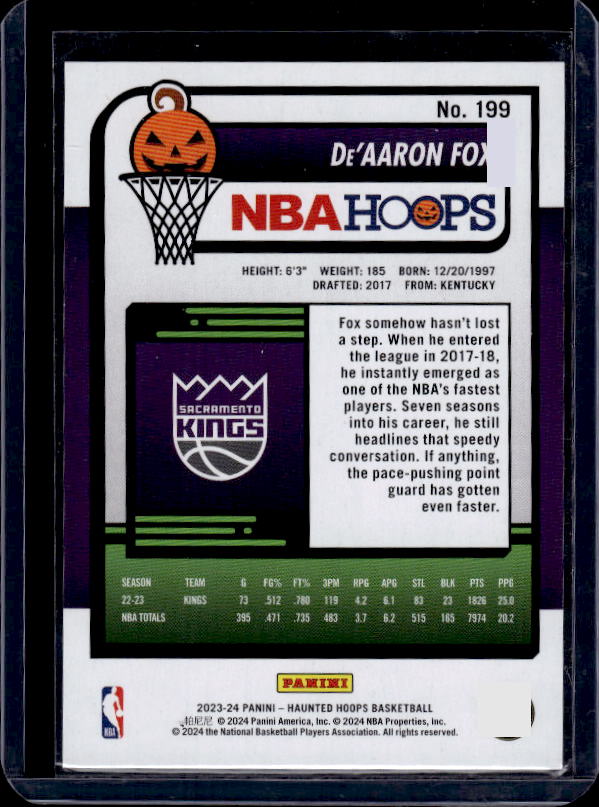 2023-24 Hoops Haunted Hoops #199 De'Aaron Fox Slime