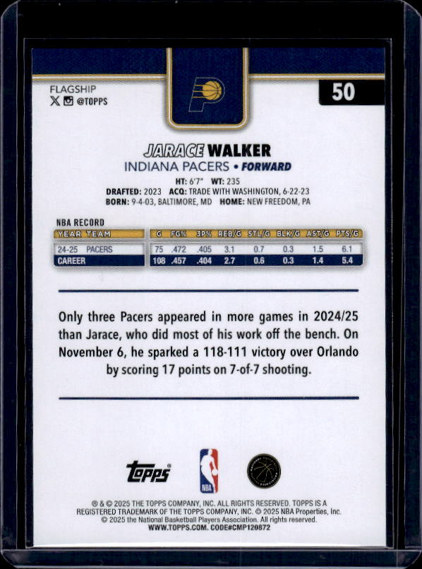 2025-26 Topps #50 Jarace Walker Holo Foil