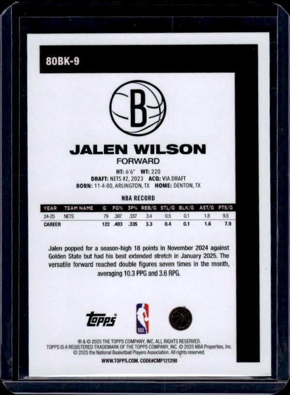 2025-26 Topps #80BK-9 Jalen Wilson 1980-81 Topps Basketball