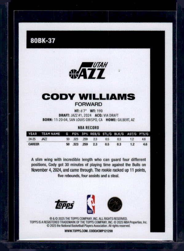 2025-26 Topps #80BK-37 Cody Williams 1980-81 Topps Basketball