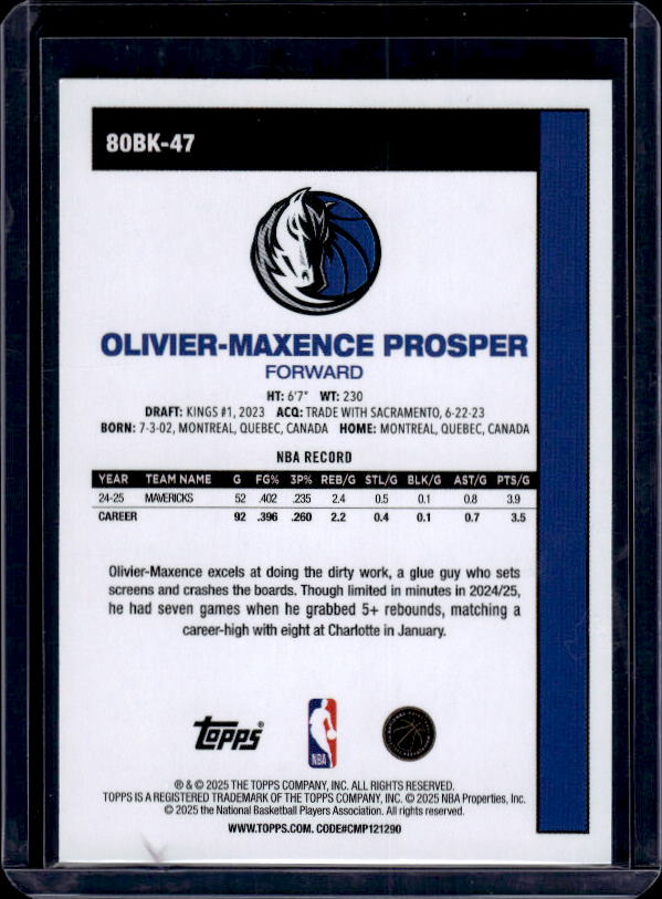 2025-26 Topps #80BK-47 Olivier-Maxence Prosper 1980-81 Topps Basketball
