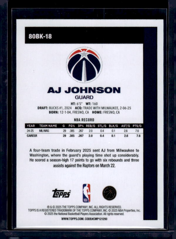 2025-26 Topps #80BK-18 AJ Johnson 1980-81 Topps Basketball