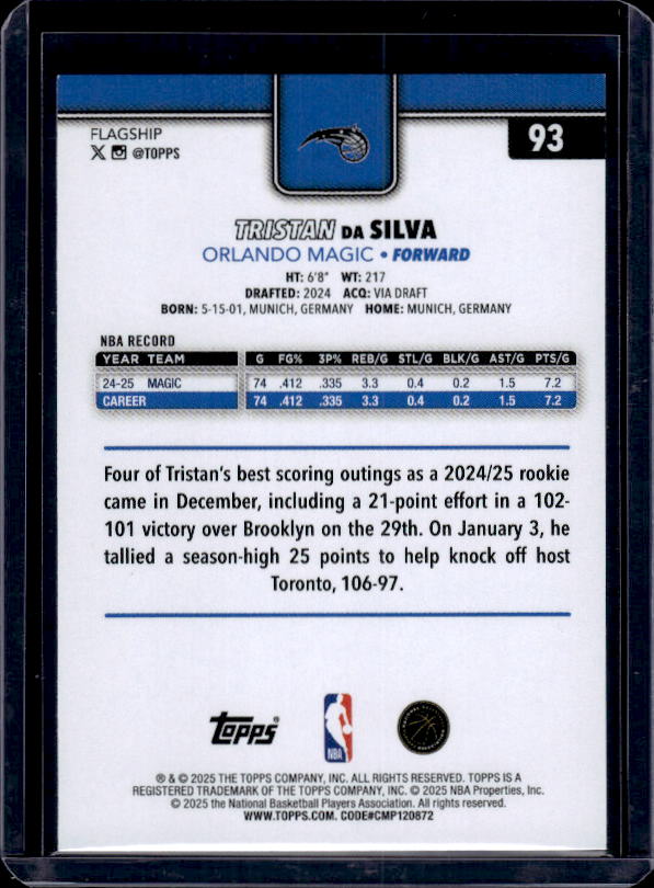 2025-26 Topps #93 Tristan da Silva Season Tip Off