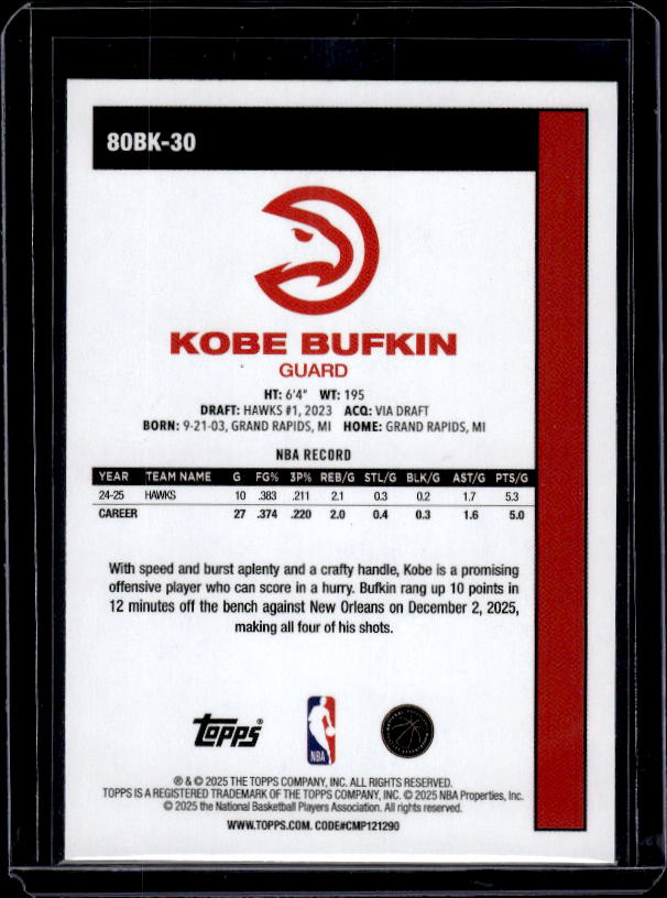 2025-26 Topps #80BK-30 Kobe Bufkin 1980-81 Topps Basketball