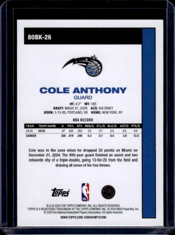 2025-26 Topps #80BK-26 Cole Anthony 1980-81 Topps Basketball