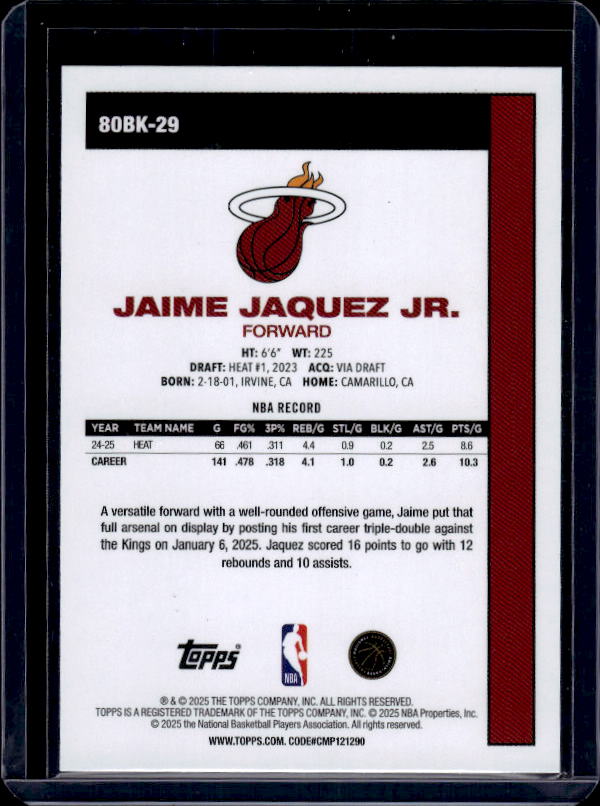 2025-26 Topps #80BK-29 Jaime Jaquez Jr. 1980-81 Topps Basketball